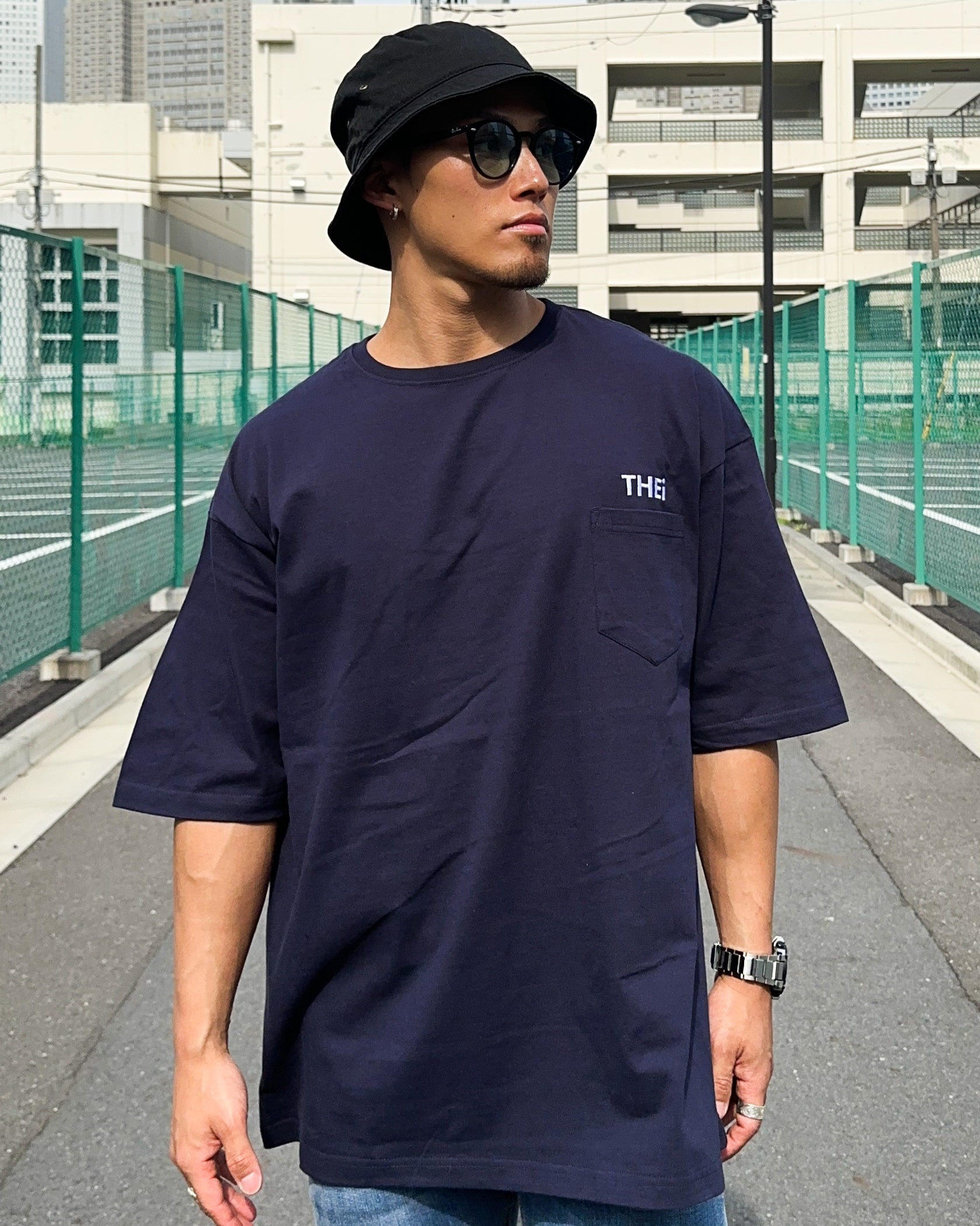 Basic One Point Big Pocket Tee - Navy