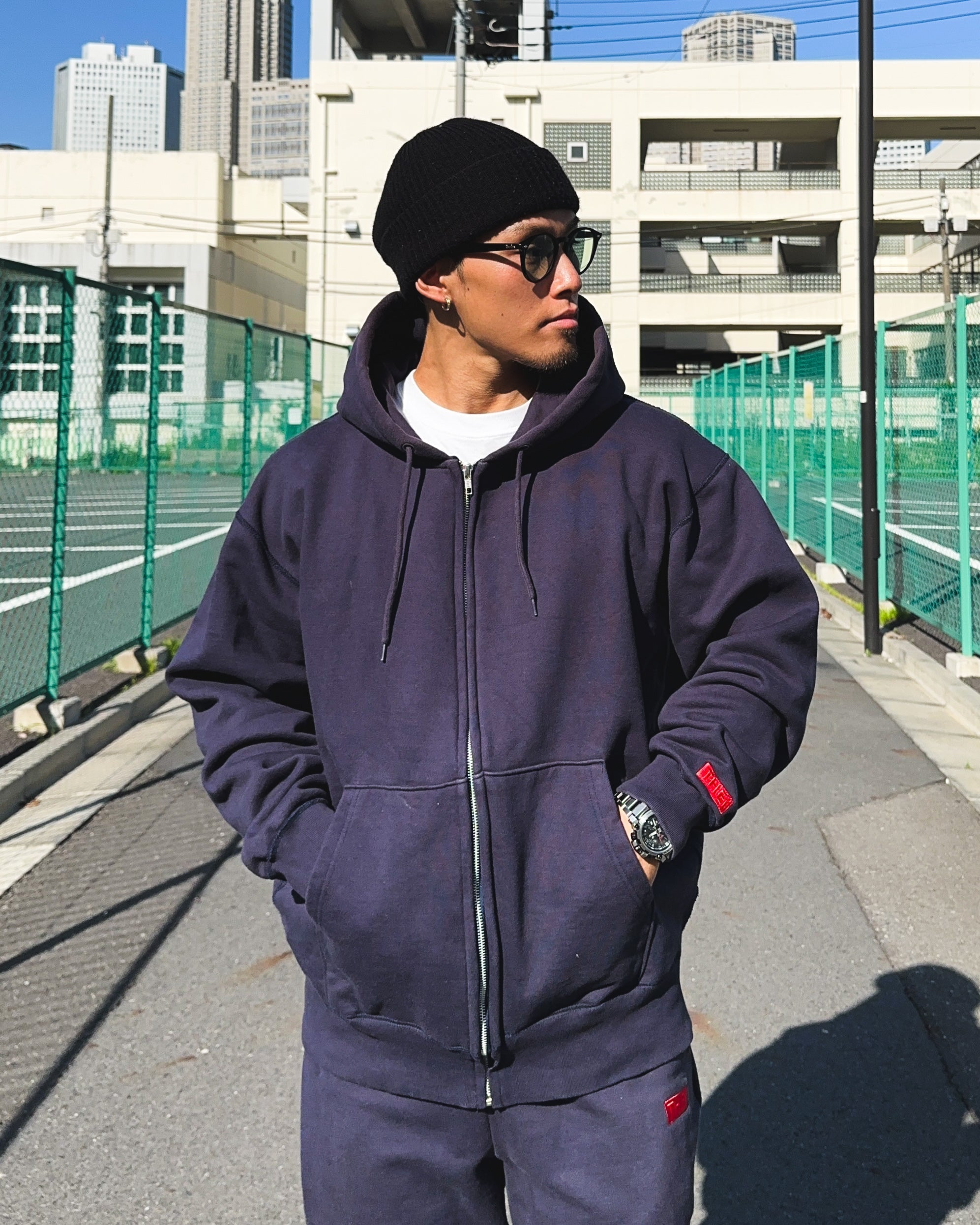 Box-Type2 One Point HW Sweat Zip Hoodie - Navy
