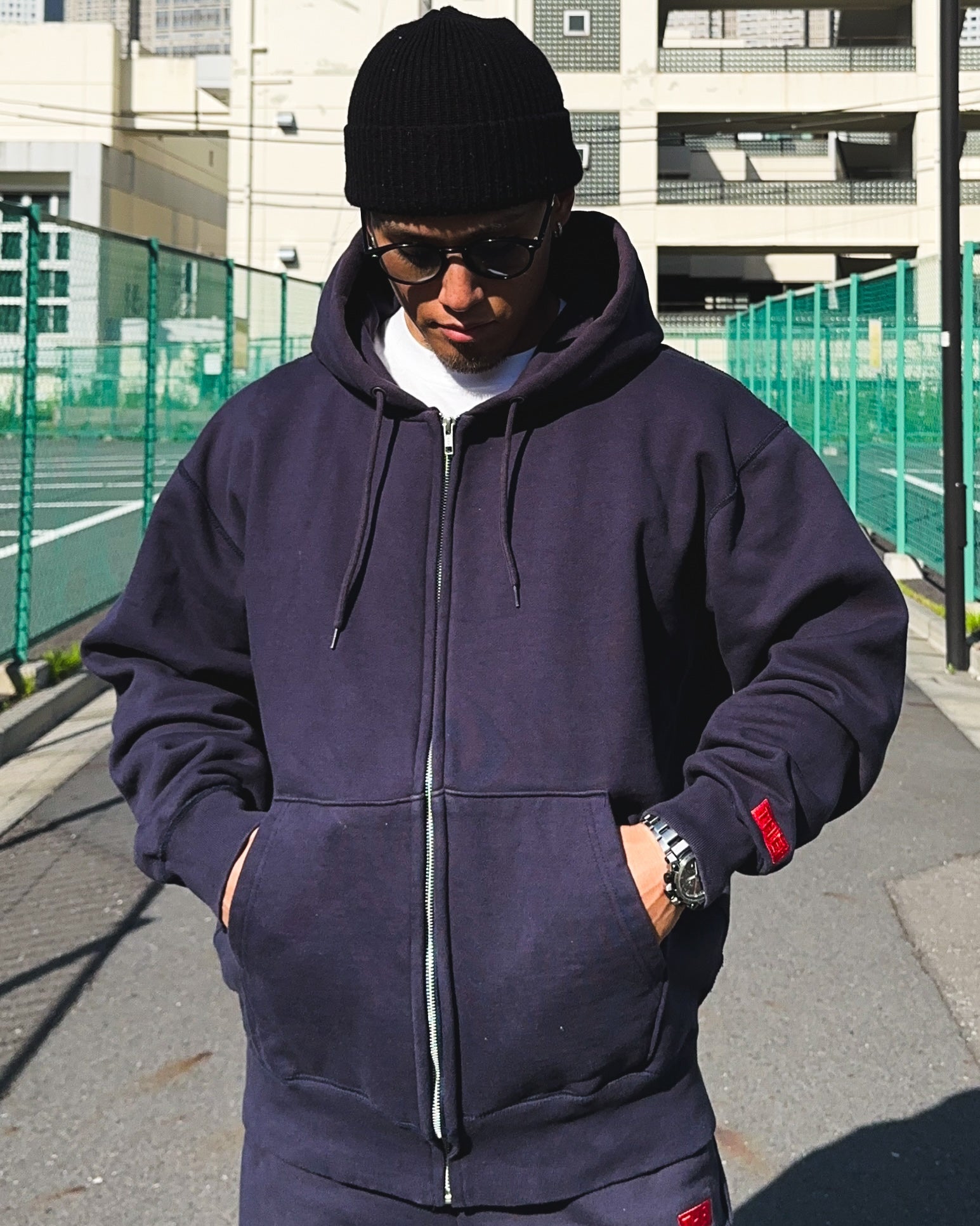 Box-Type2 One Point HW Sweat Zip Hoodie - Navy