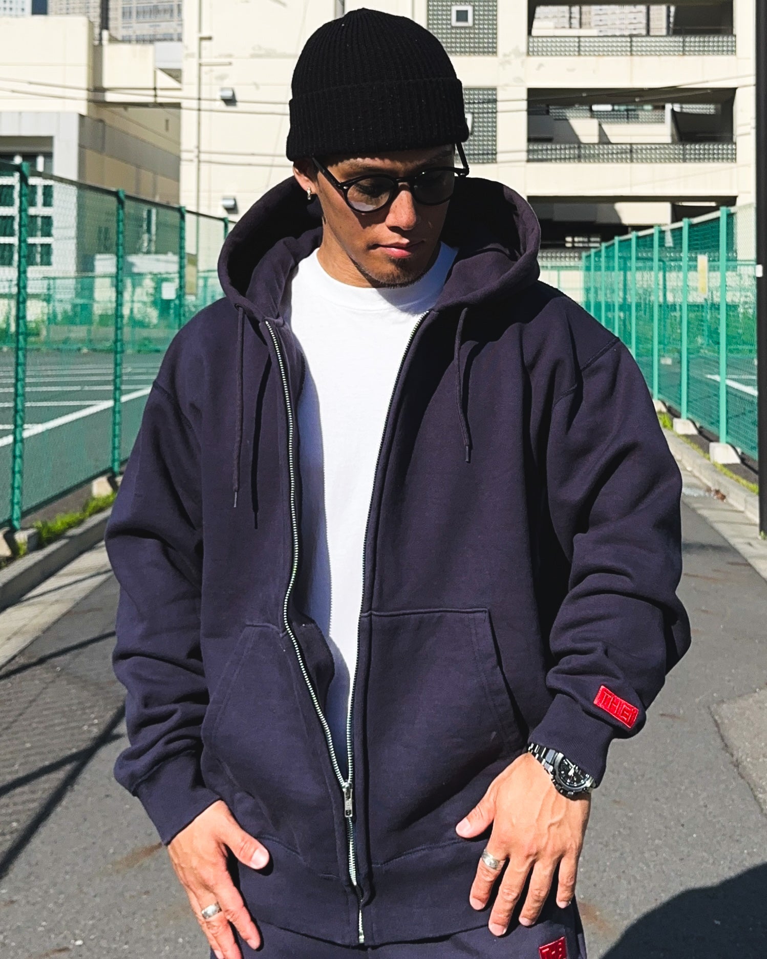 Box-Type2 One Point HW Sweat Zip Hoodie - Navy