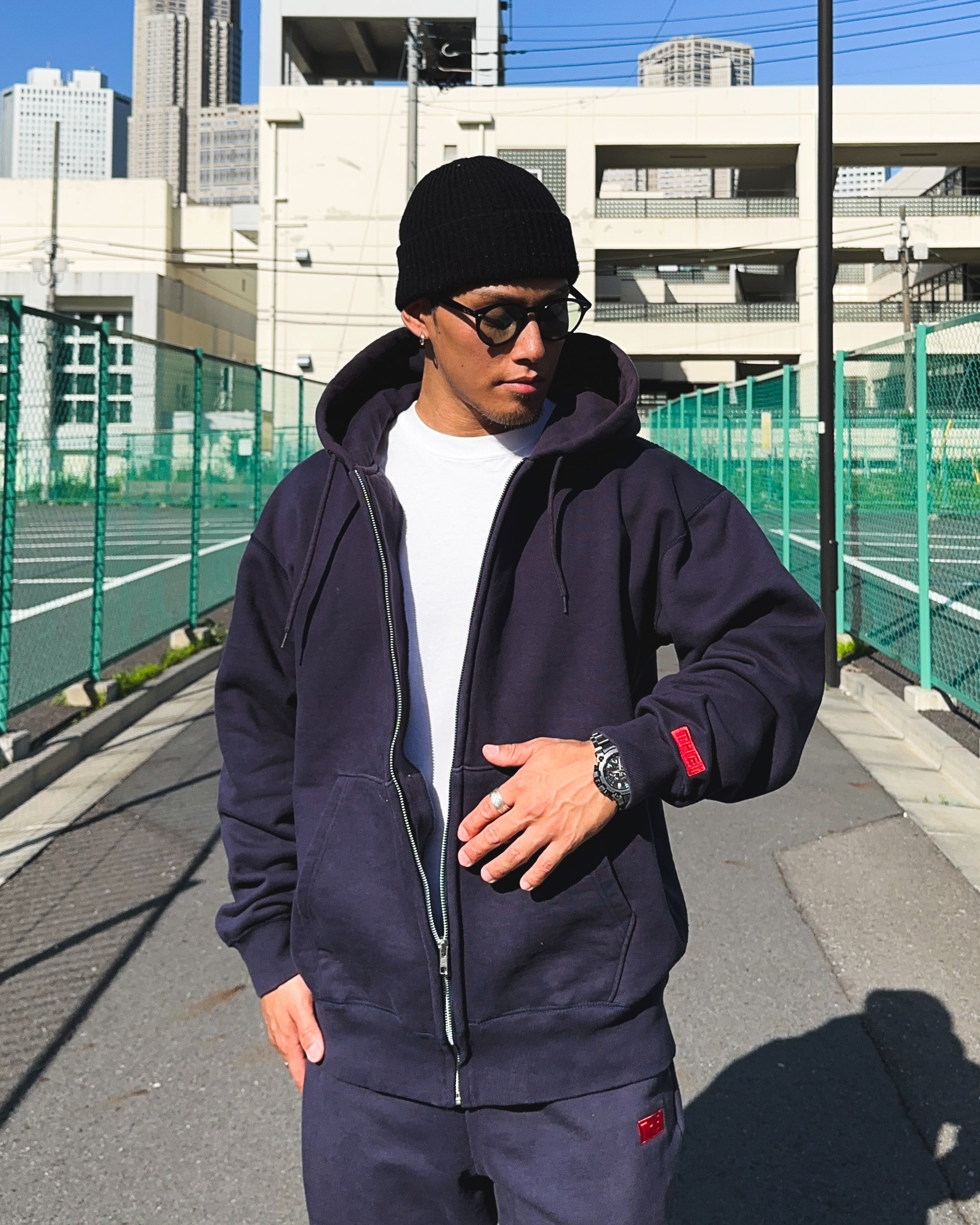 Box-Type2 One Point HW Sweat Zip Hoodie - Navy