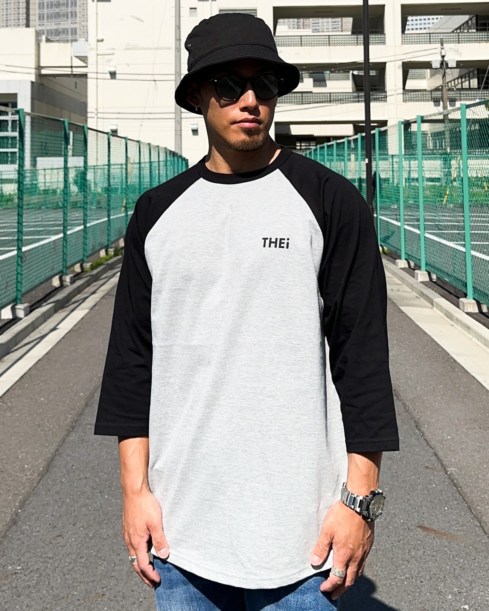 Basic One Point Raglan 3/4 Tee - Gray / Black
