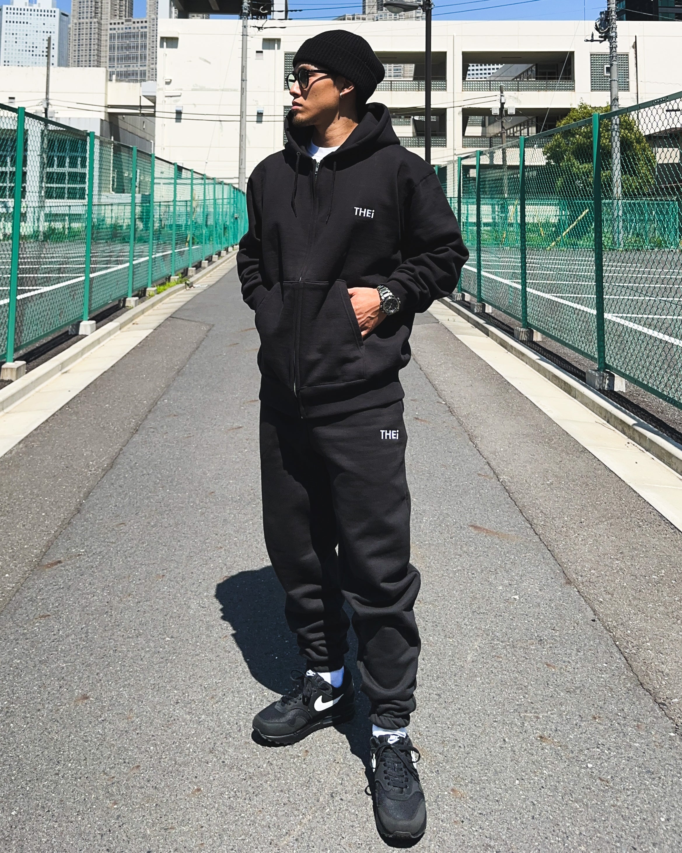 Basic One Point HW Sweat Zip Hoodie & Pants Setup - Black