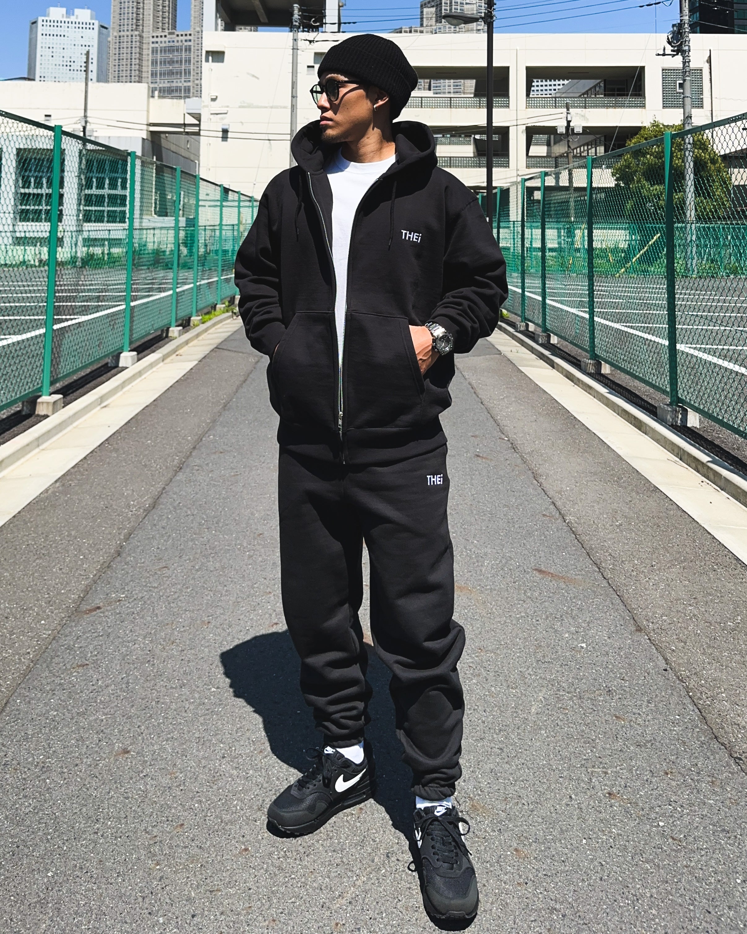 Basic One Point HW Sweat Zip Hoodie & Pants Setup - Black
