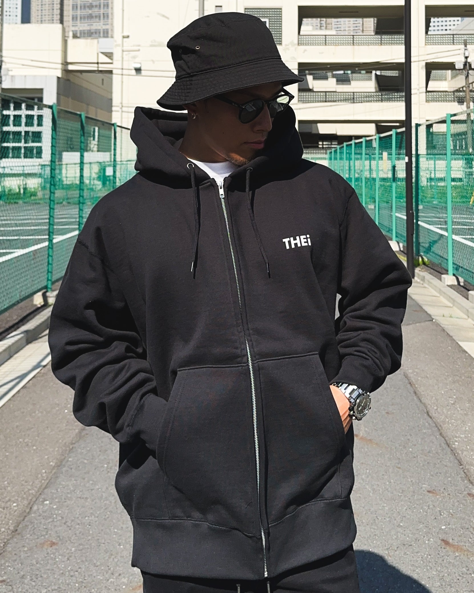 Basic Back Print HW Sweat Zip Hoodie - Black