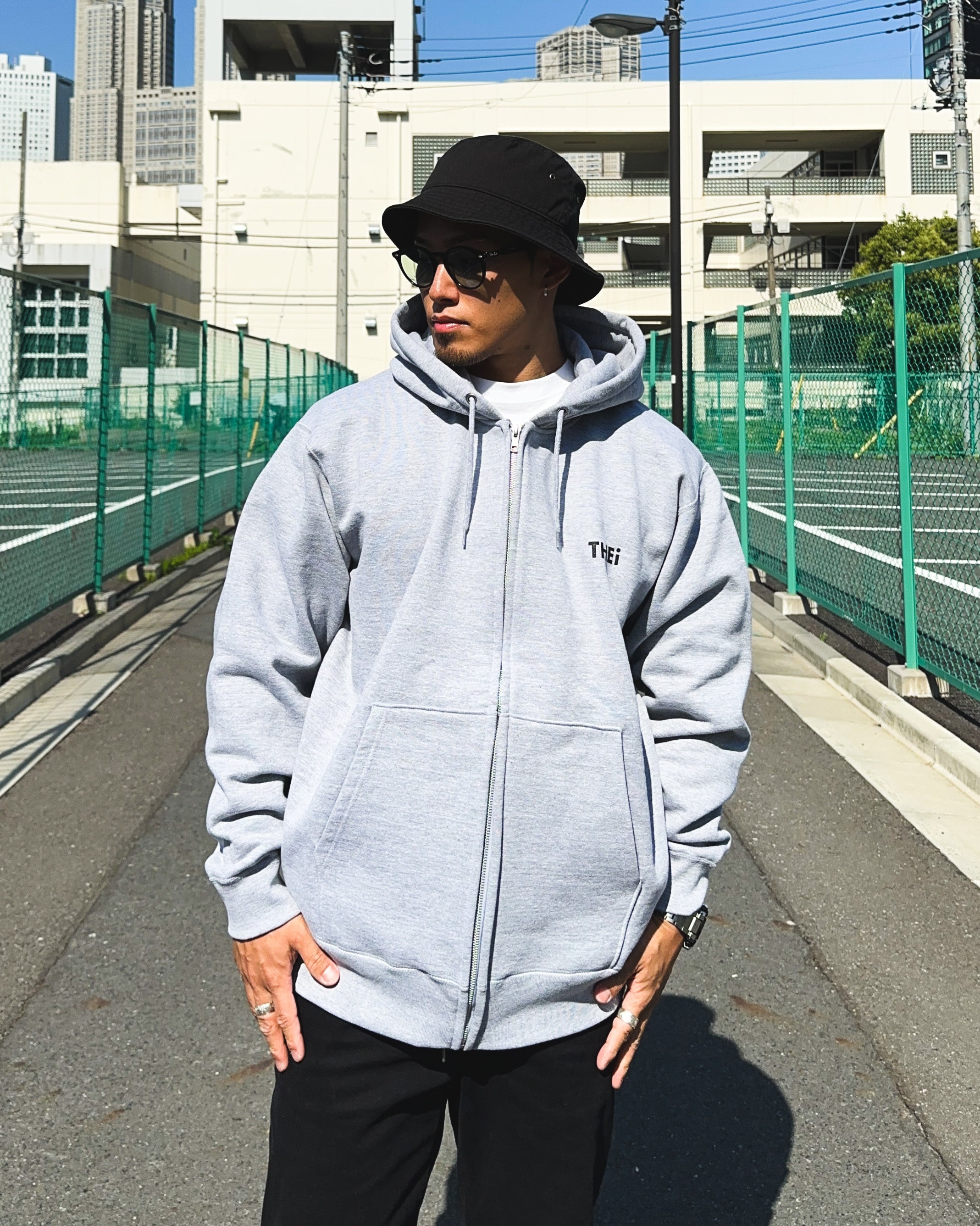 Basic Back Print HW Sweat Zip Hoodie - Gray