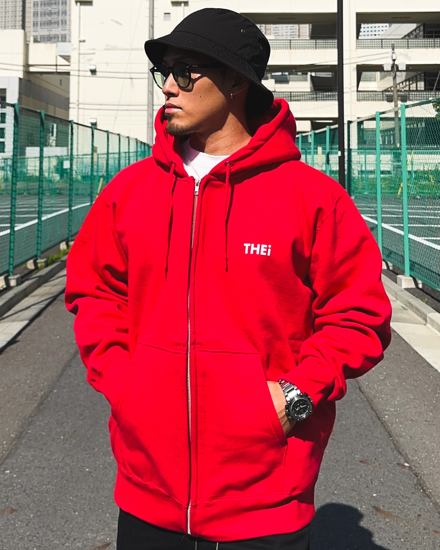Basic Back Print HW Sweat Zip Hoodie - Red