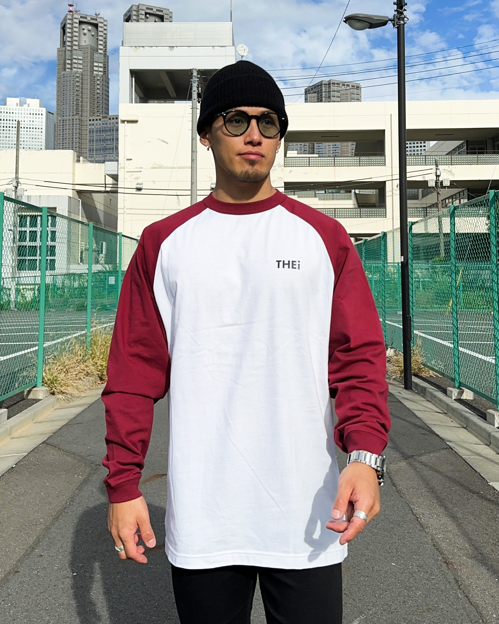 Basic One Point Raglan L/S Tee - White / Burgundy