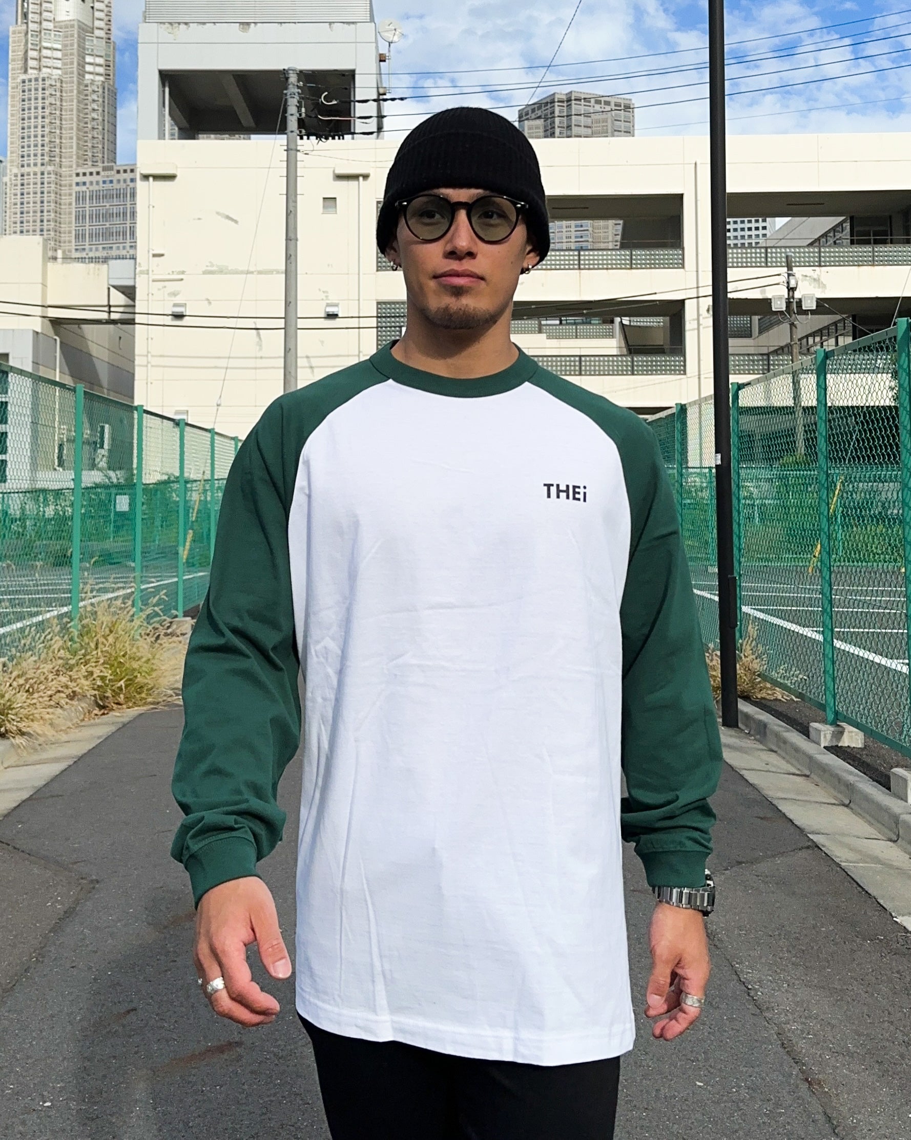 Basic One Point Raglan L/S Tee - White / Ivy Green