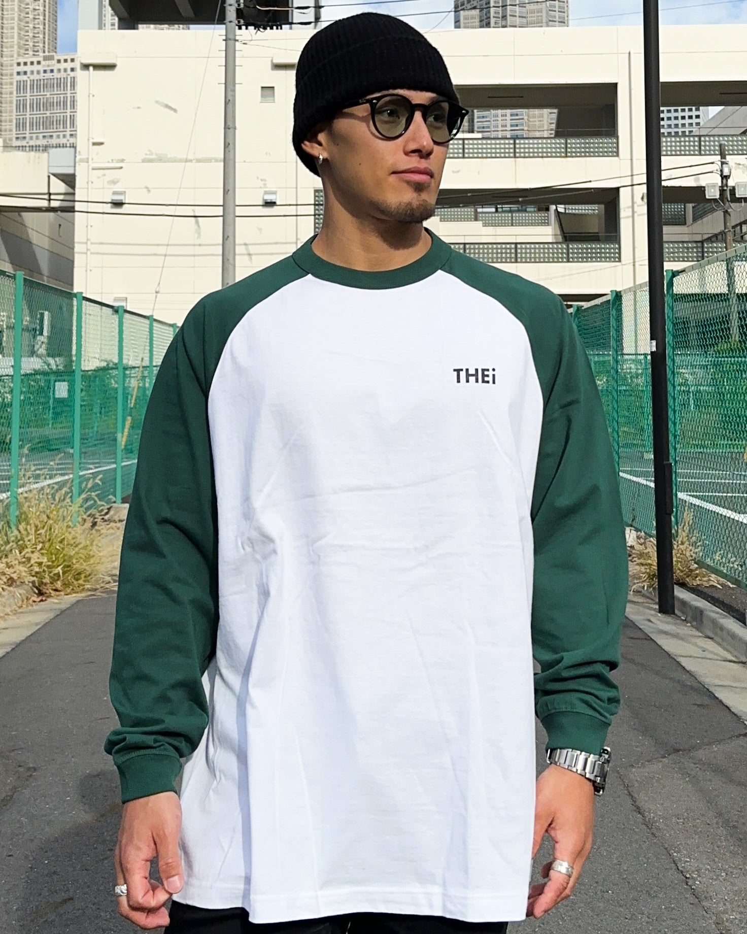Basic One Point Raglan L/S Tee - White / Ivy Green