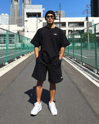 Basic One Point Relax Sweat Tee & Shorts Setup - Black