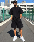 Basic One Point Relax Sweat Tee & Shorts Setup - Black