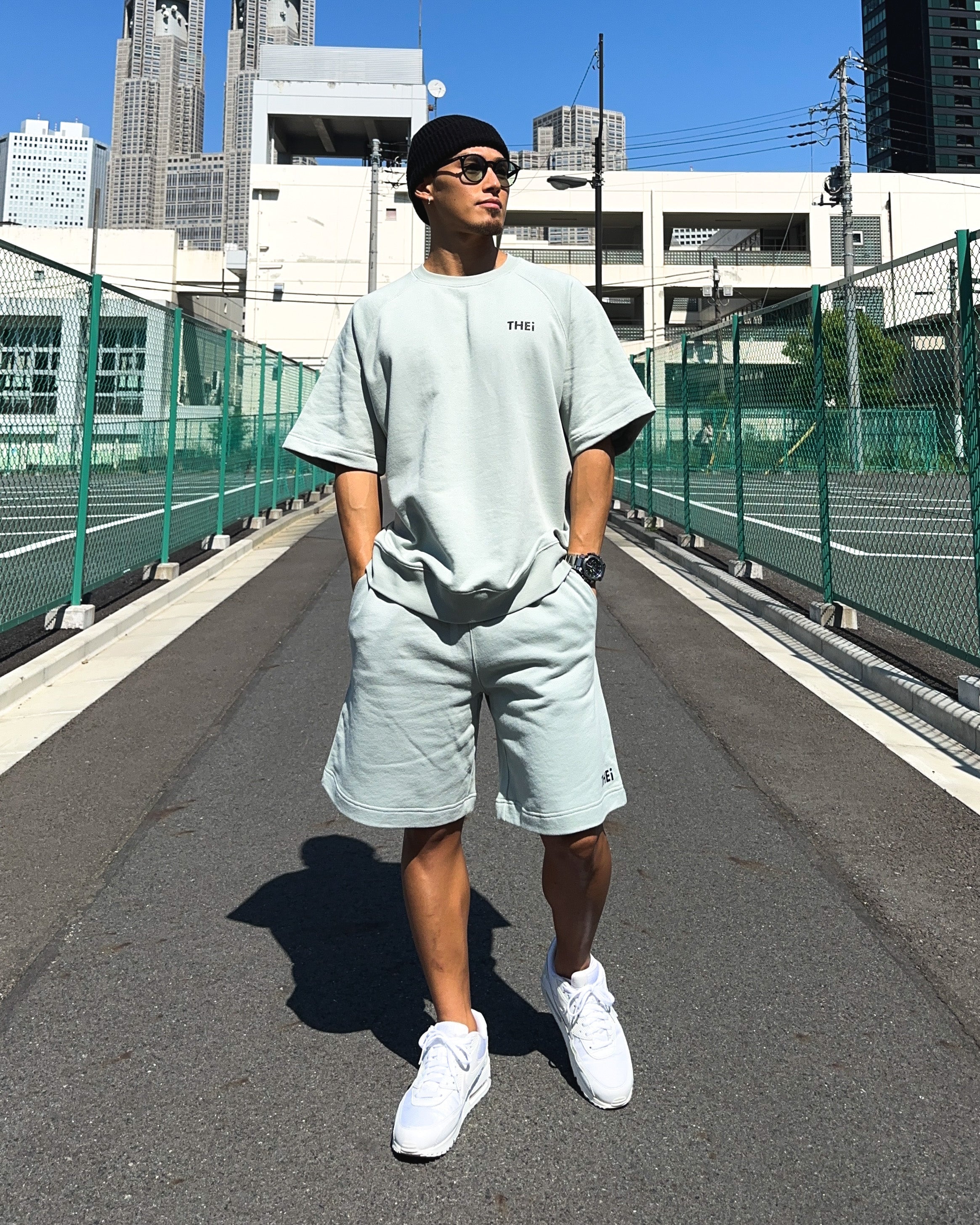 Basic One Point Relax Sweat Tee & Shorts Setup - Acid Green