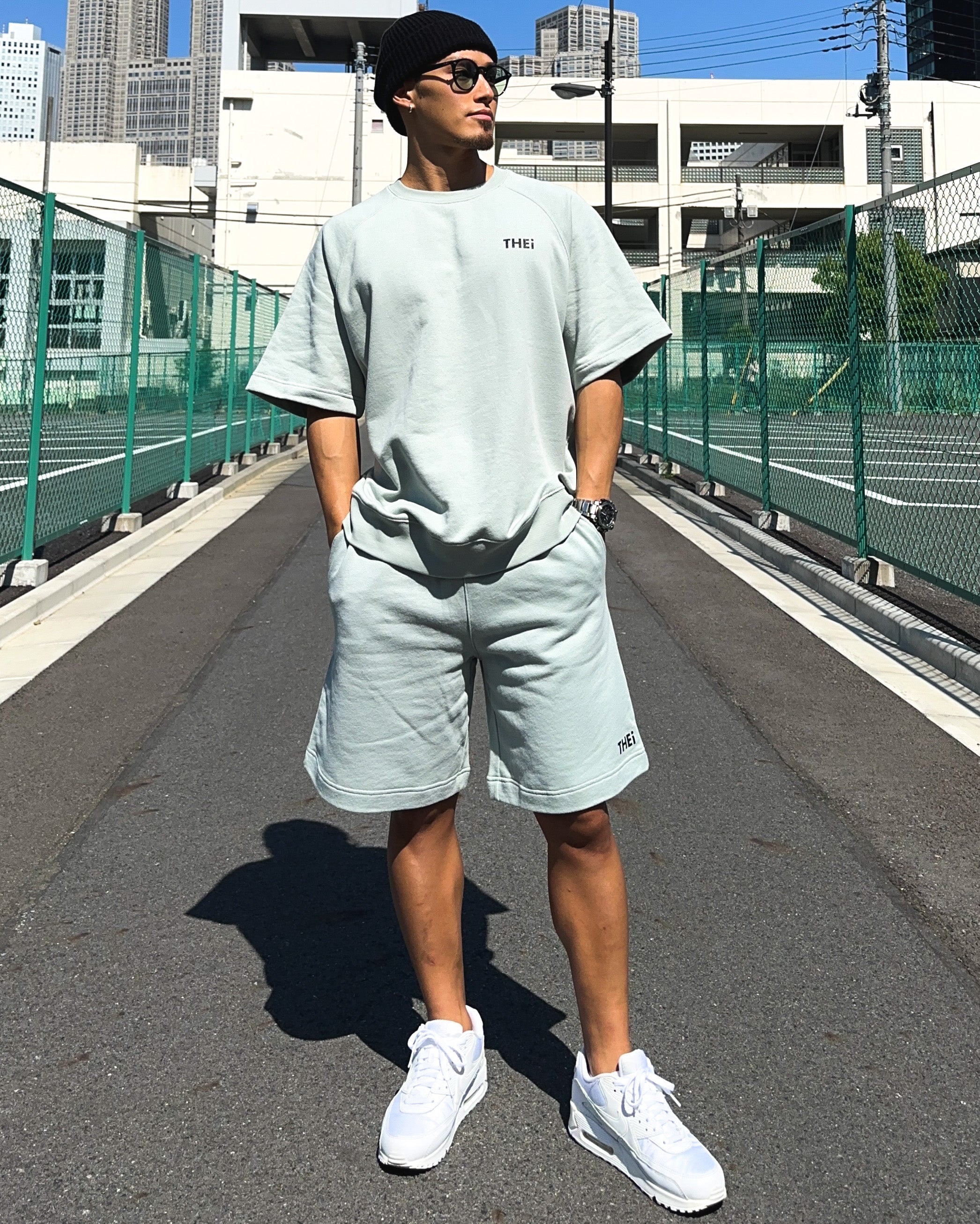 Basic One Point Relax Sweat Tee & Shorts Setup - Acid Green