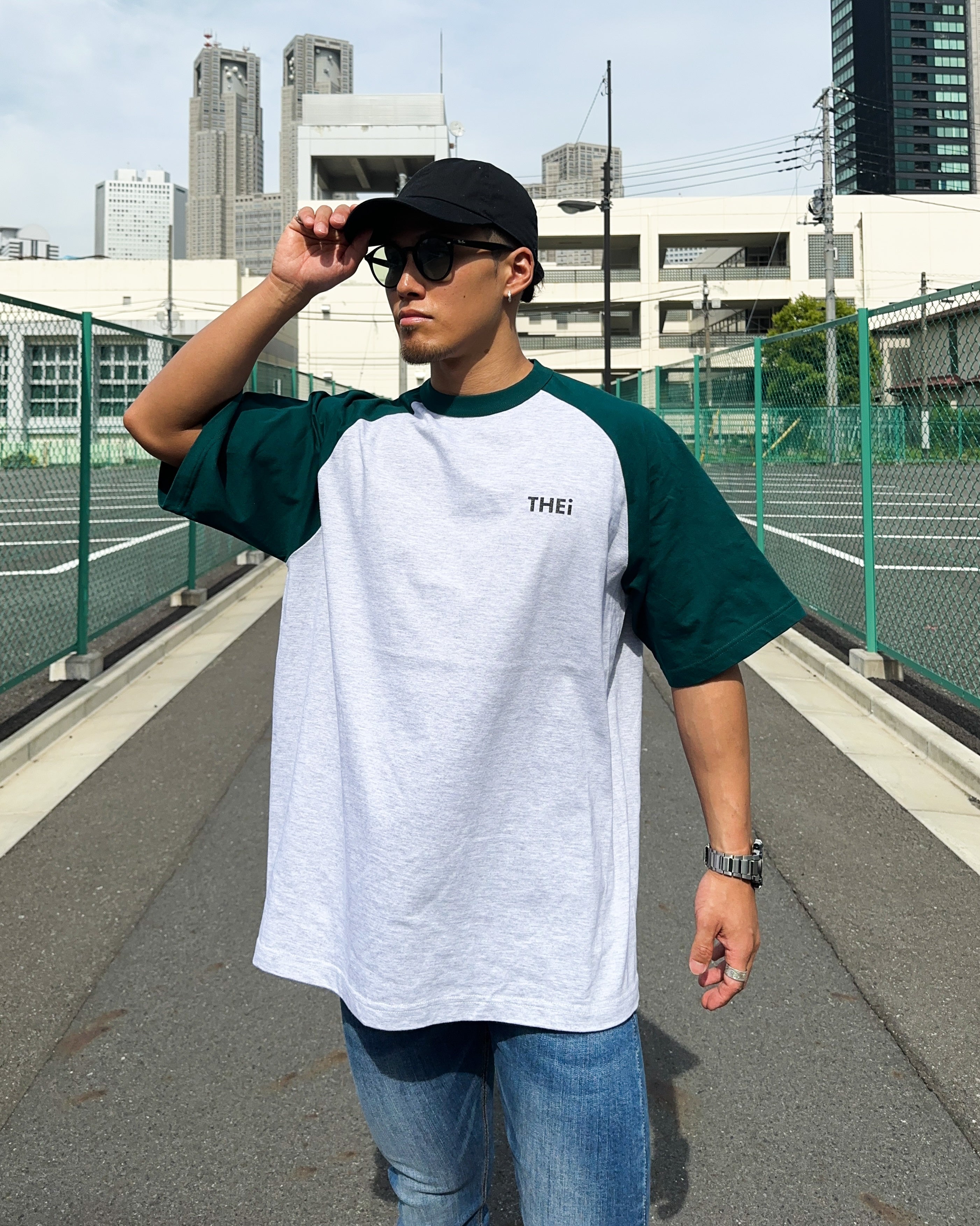 Basic One Point Raglan Tee - Gray / Billiard Green